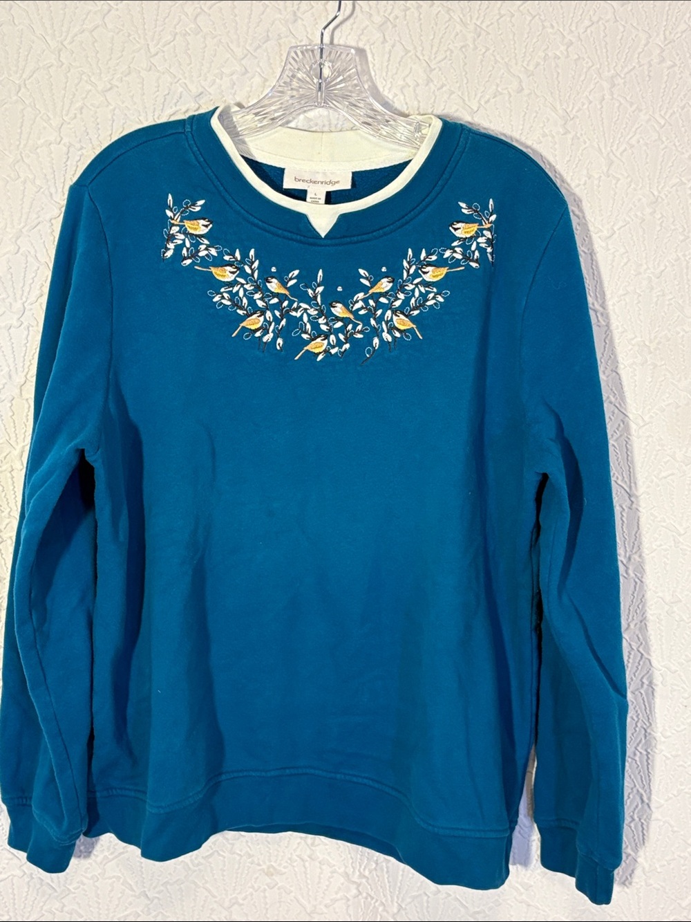 Breckenridge Teal Embroidered Crewneck Sweatshirt with Yellow Bird Detail
